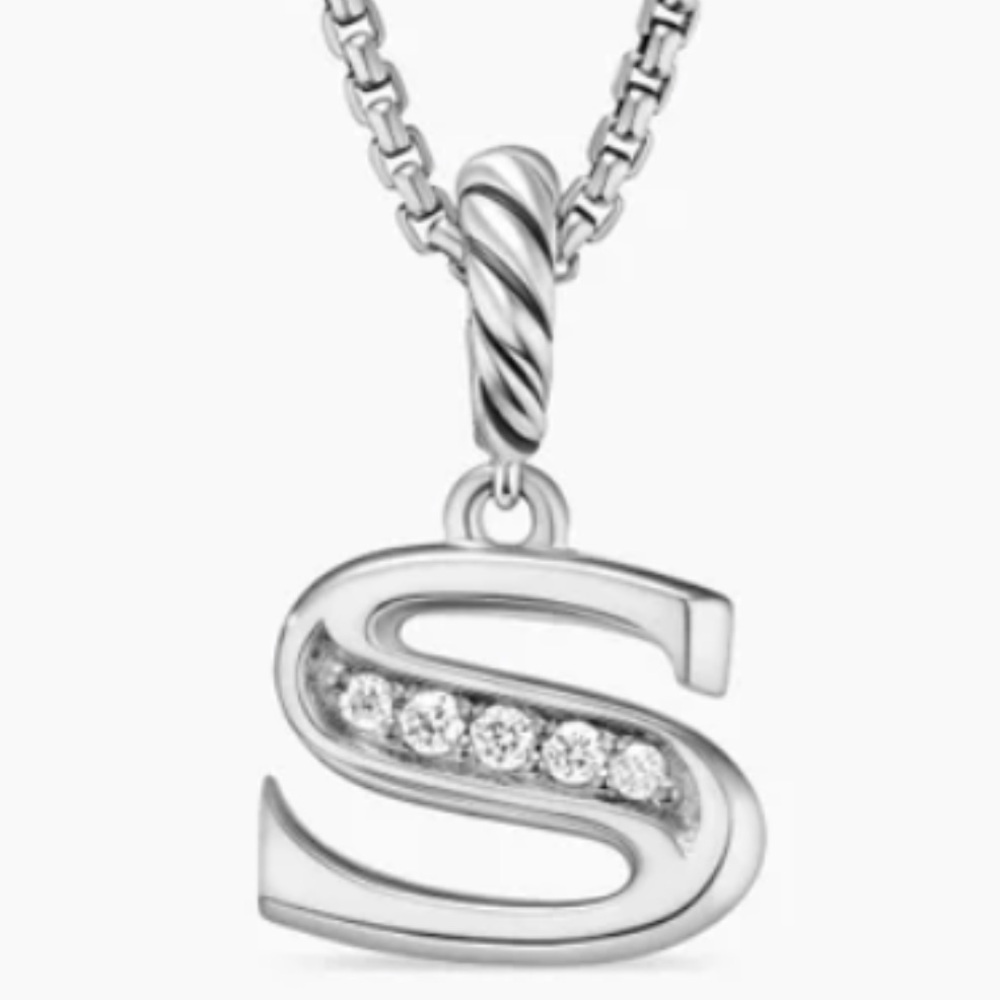 David Yurman Silver 'S' Pave Diamond Pendant with gift box, pouch, and gift bag